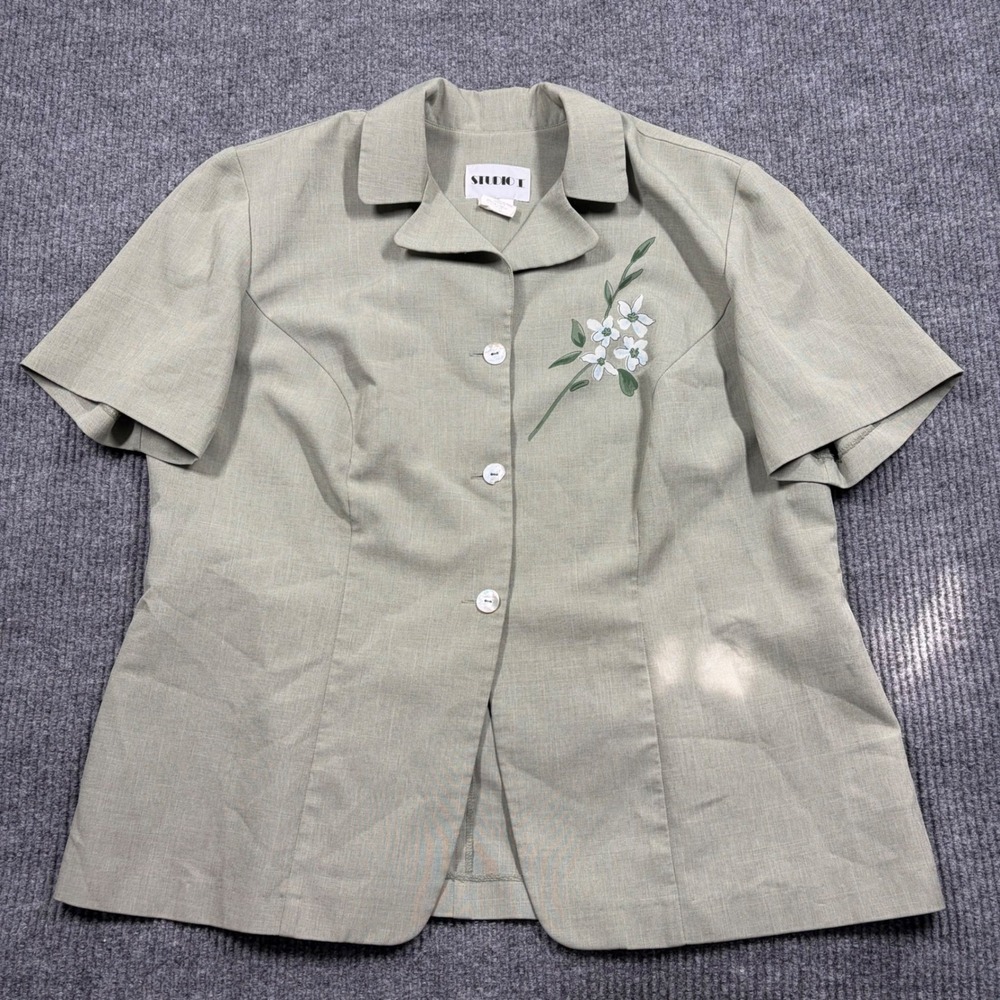 Studio I Shirt Women's 20 Sage Green Floral Embroidered Short Sleeve Buttoned